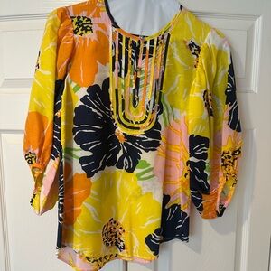 Floral Puff-Sleeve Blouse in Yellow, Blue & Pink